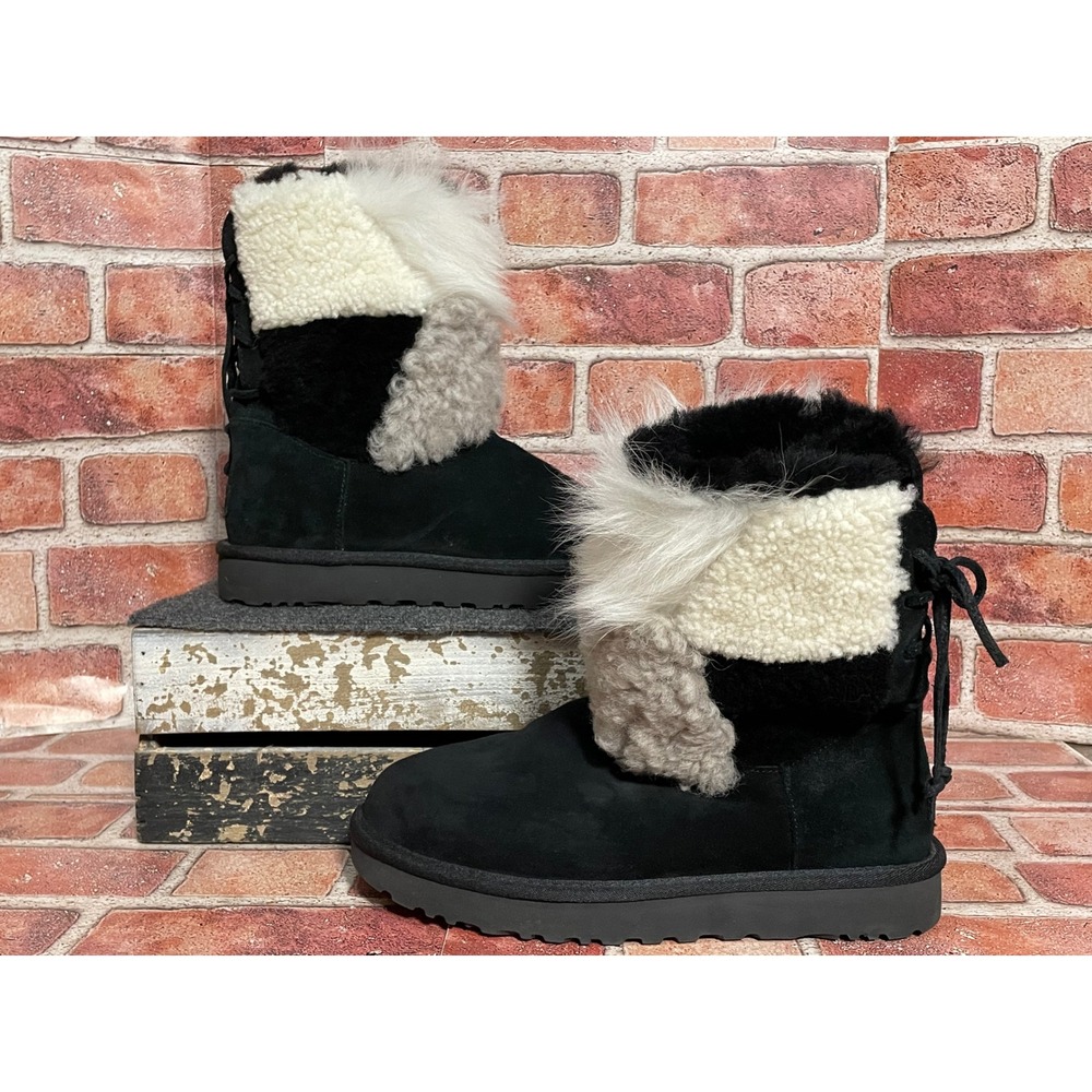 UGG Fluff Bow Mini Boots Black Suede Faux Fur Patchwork 1098071 Womens 9